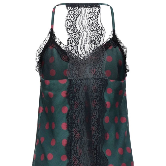 SOUVENIR Slip Lace camisole Top-Green With Red Polka Dots Sz Small - Picture 3 of 6